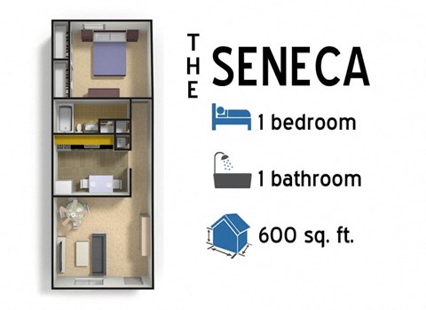 Floor plan for 1 bed, 1 bath, 696 sqft